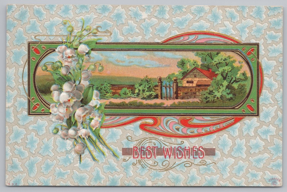 Greetings~Best Wishes~Lily Of The Valley~House Gate Scene~Embossed~Vintage PC