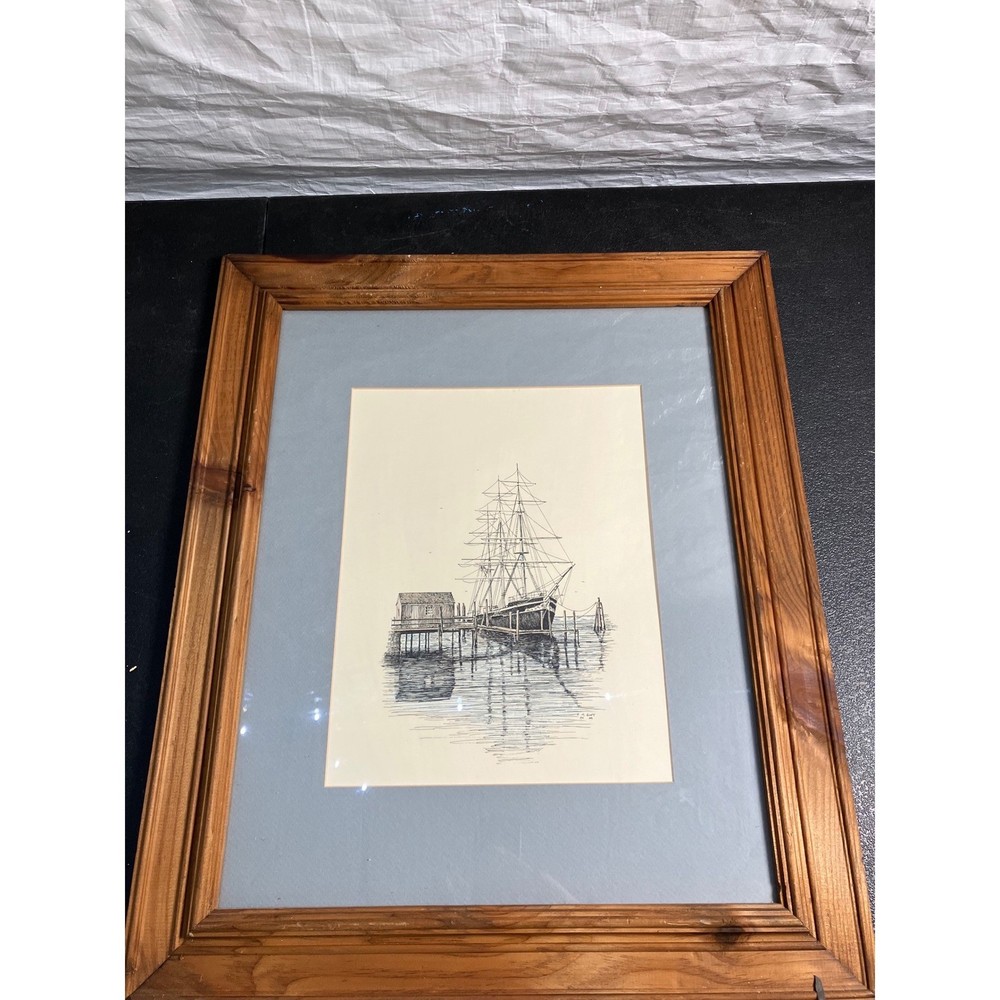 Vintage 1968 G.M. Goff Nautical Pen & Ink Tall Ship Drawing Framed Wall Art