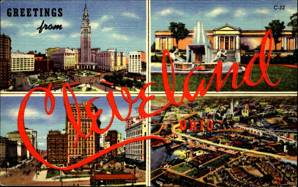 Greetings from CLEVELAND Ohio ~ script Large Letter Linen 1940s