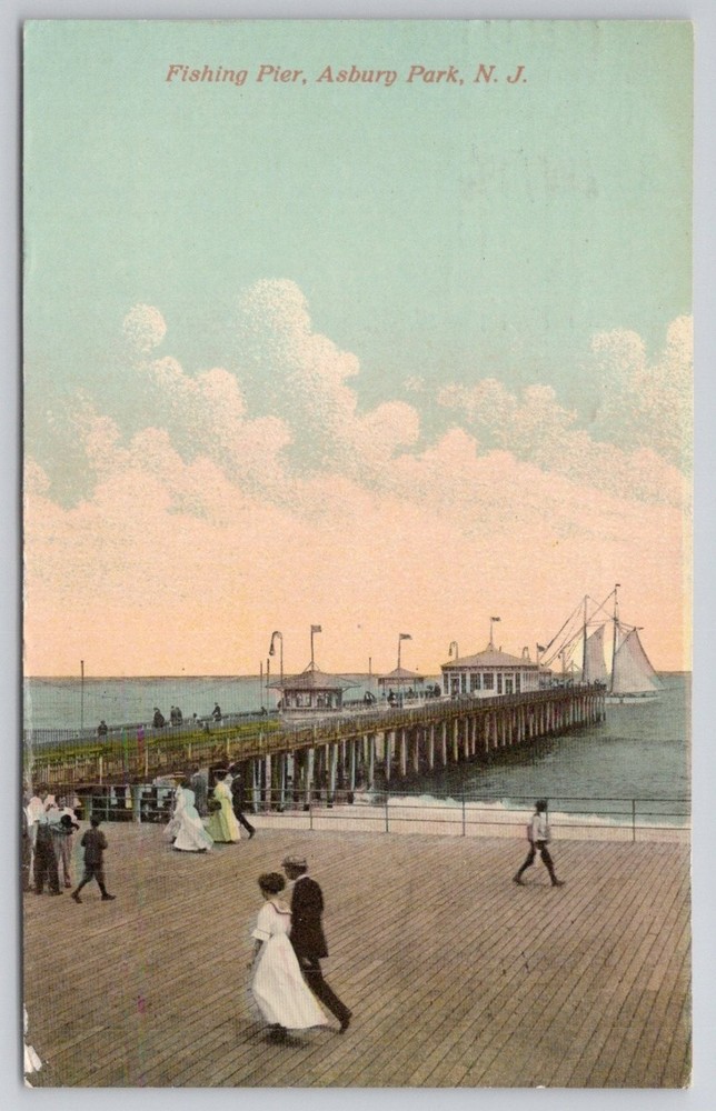 Vintage 1914 Asbury Park NJ Fishing Pier Boardwalk Postcard