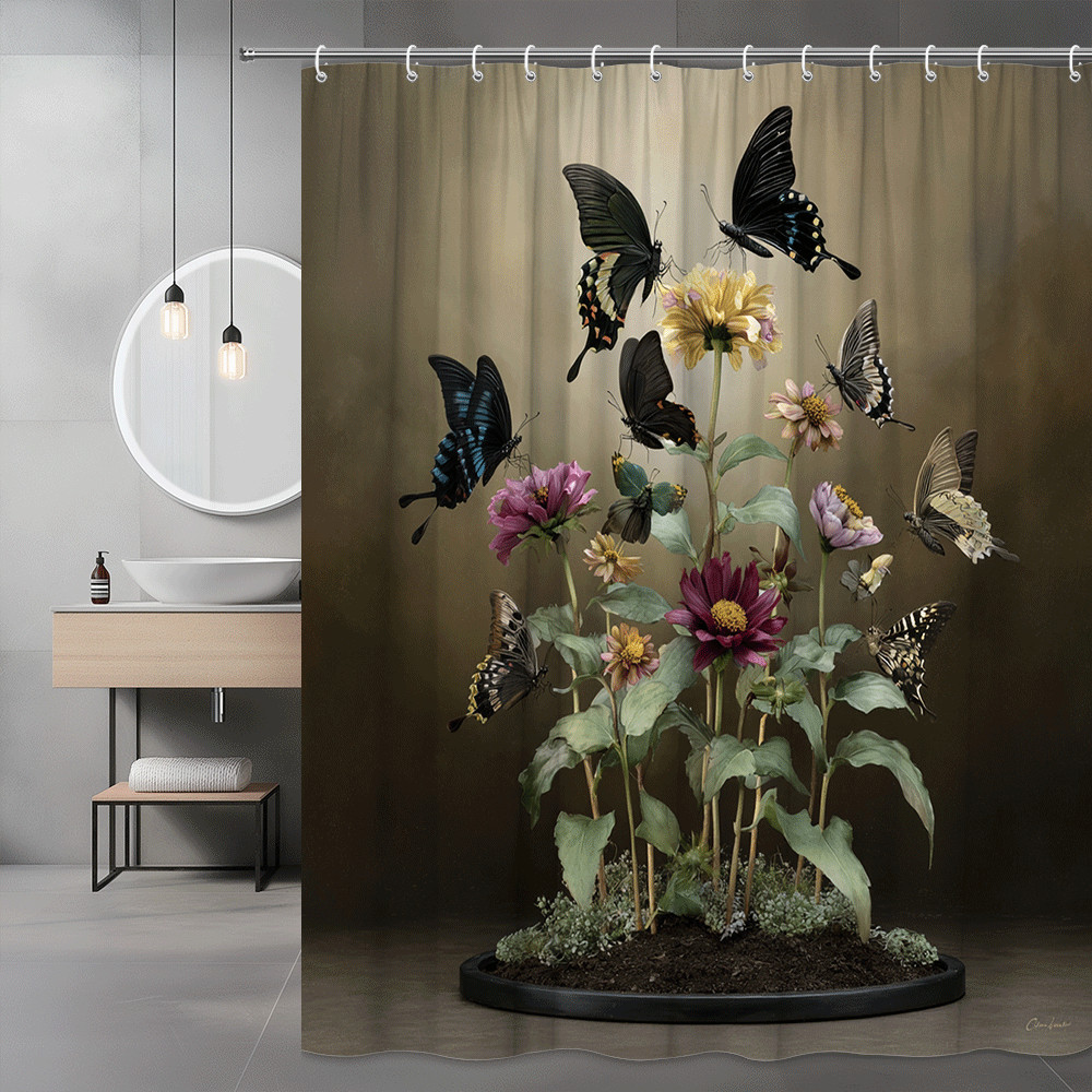 Butterfly Flower Shower Curtain Floral Graphic Print