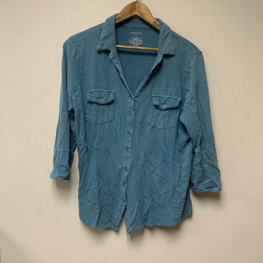Sonoma Womens Large L Button Up Shirt 3/4 Sleeve 42” Bust 26” Length
