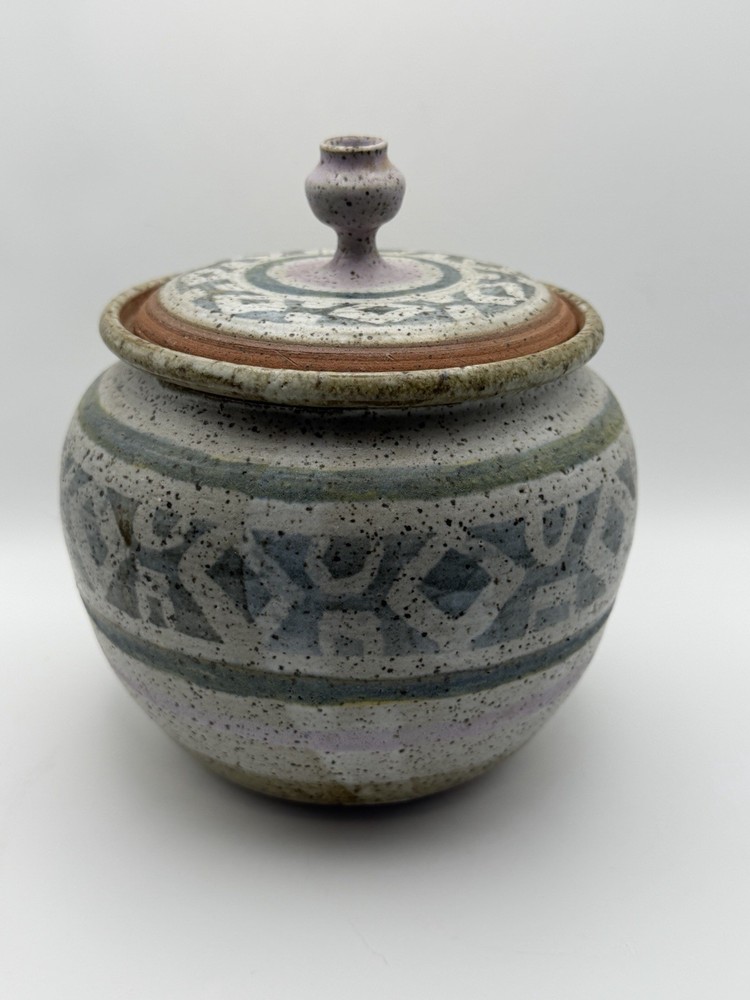Studio Art Pottery Container Jar With Lid Handmade Abstract Vintage-image