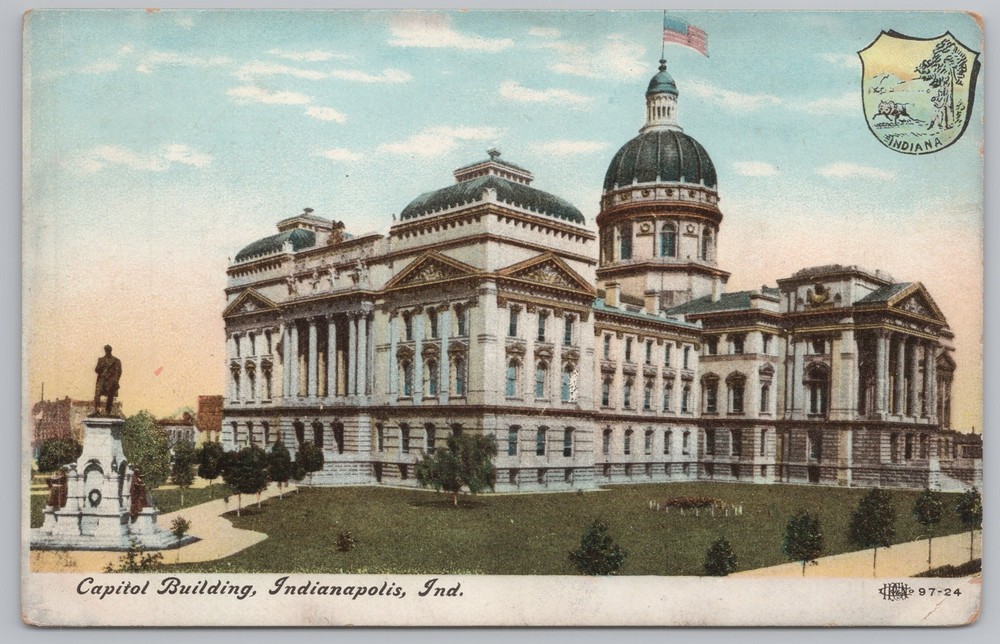 State View~Capitol Building & Statue Indianapolis Indiana~Vintage Postcard