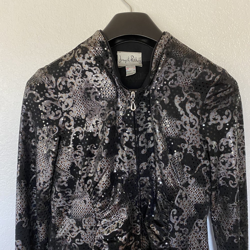 Joseph Ribkoff Women’s Artsy Geometric Sequined Ruched  Dual Zip Jacket Size 6