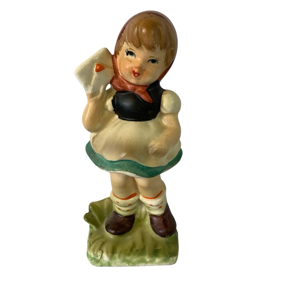 Vintage Made in Japan Girl Figurine with Letter Ceramic Hand-Painted