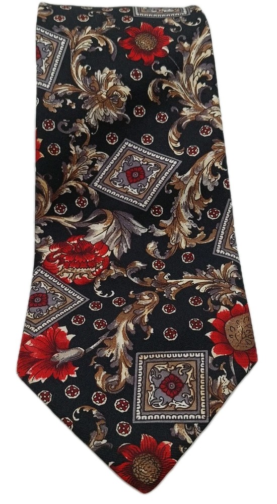 Buckingham Black Red Floral Leaf Print Polyester Necktie  