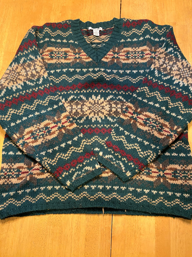 Soft 100% Wool Sweater XL Green Nordic Fair Isle Vintage Men's V-Neck Cable Knit