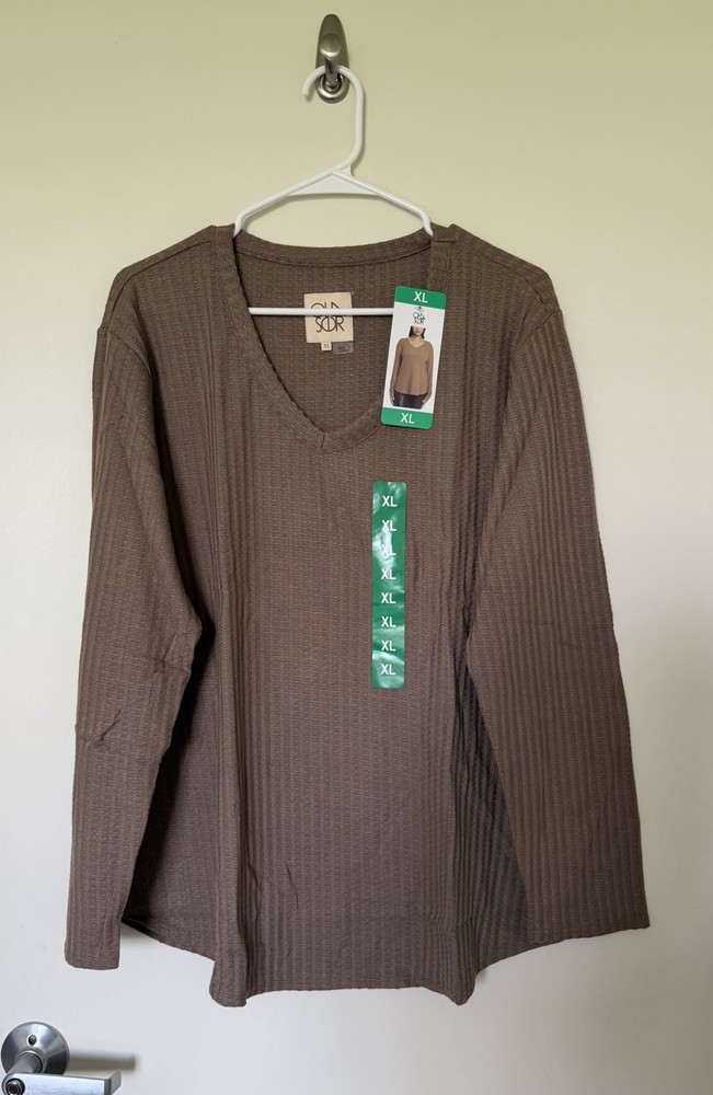Chaser Womens Shirt Long Sleeve Thermal Waffle Knit Vneck Pullover  XL Brown