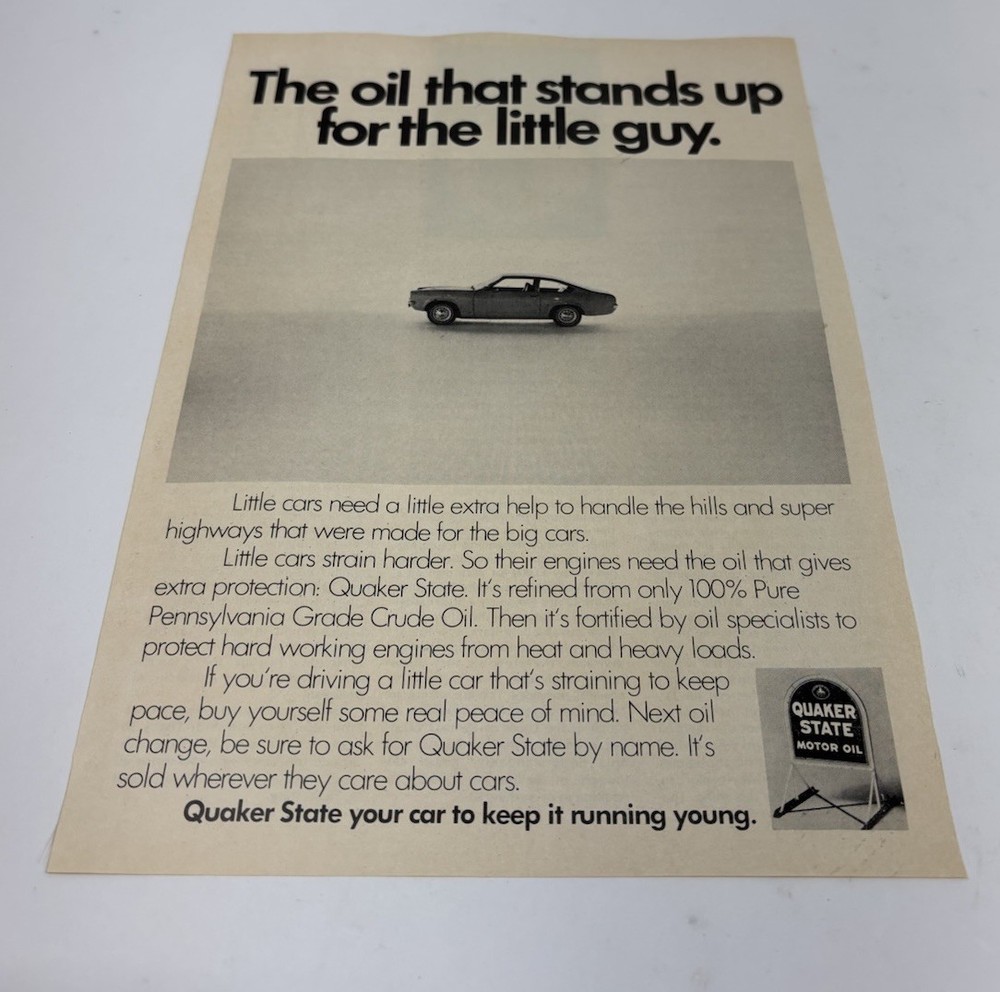 Chevrolet Vega Quaker State Motor Oil 1972 Vintage Print Ad