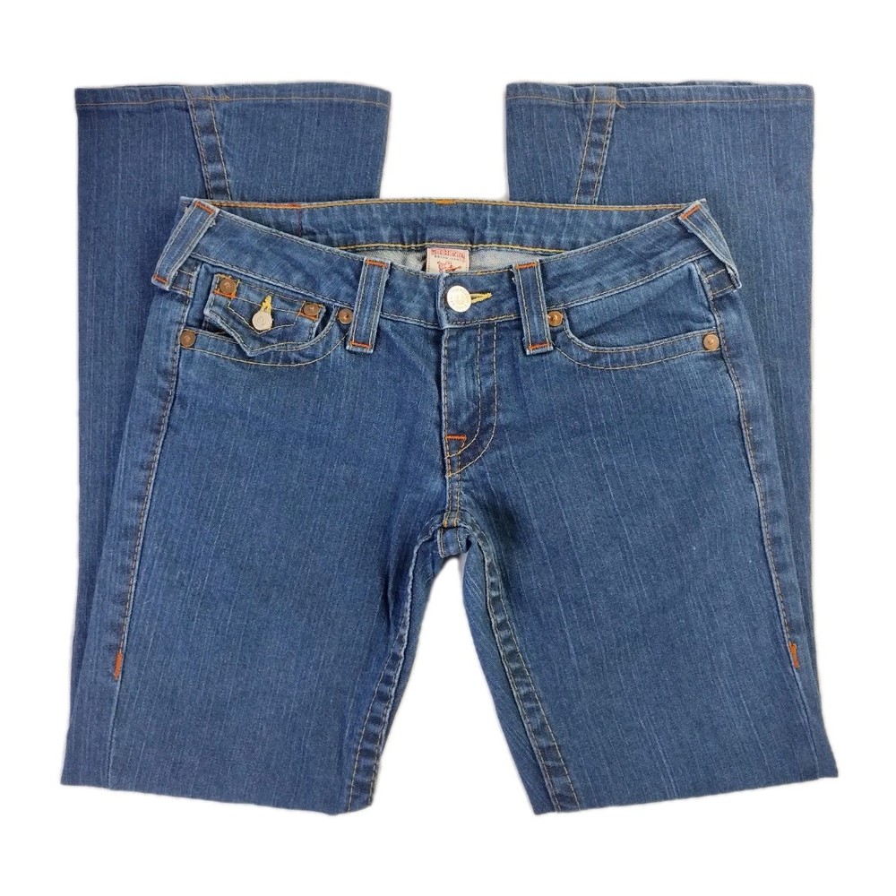 True Religion Jeans Women’s Blue Joey Flared Low Rise Flap Pockets Size 28