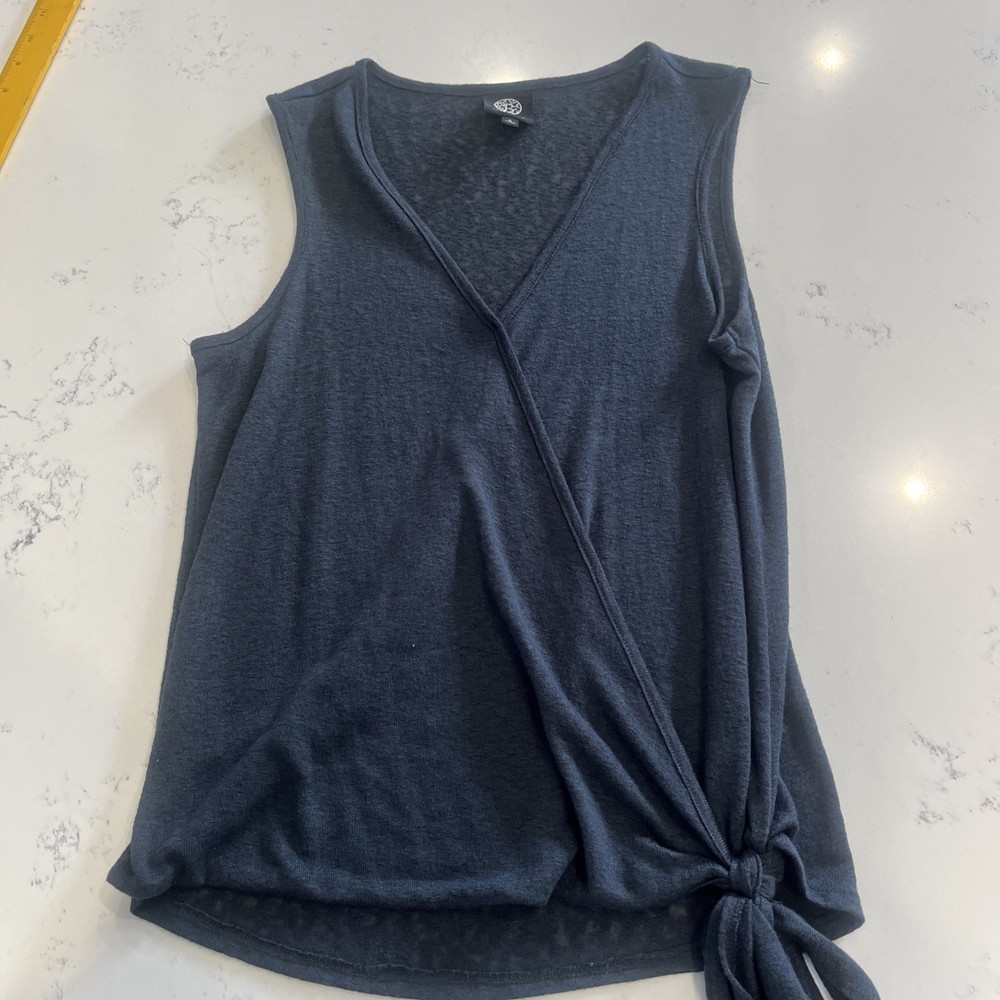 Bobeau Women’s Tank Top Shirt Size Small Navy Slub Faux Wrap Tie Knot Detail