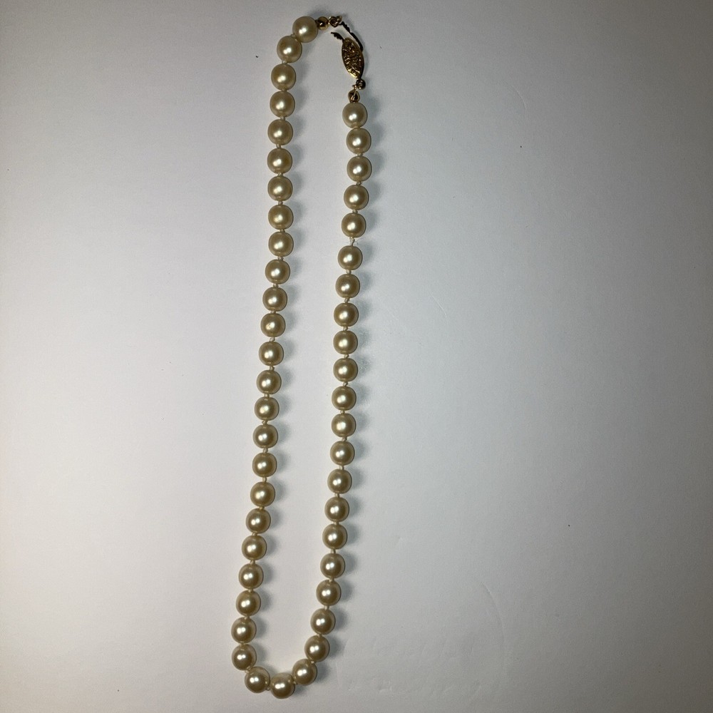 Vintage Lustrous Faux Pearl Necklace Knotted Glass Beads Barrel Closure 8 Inches