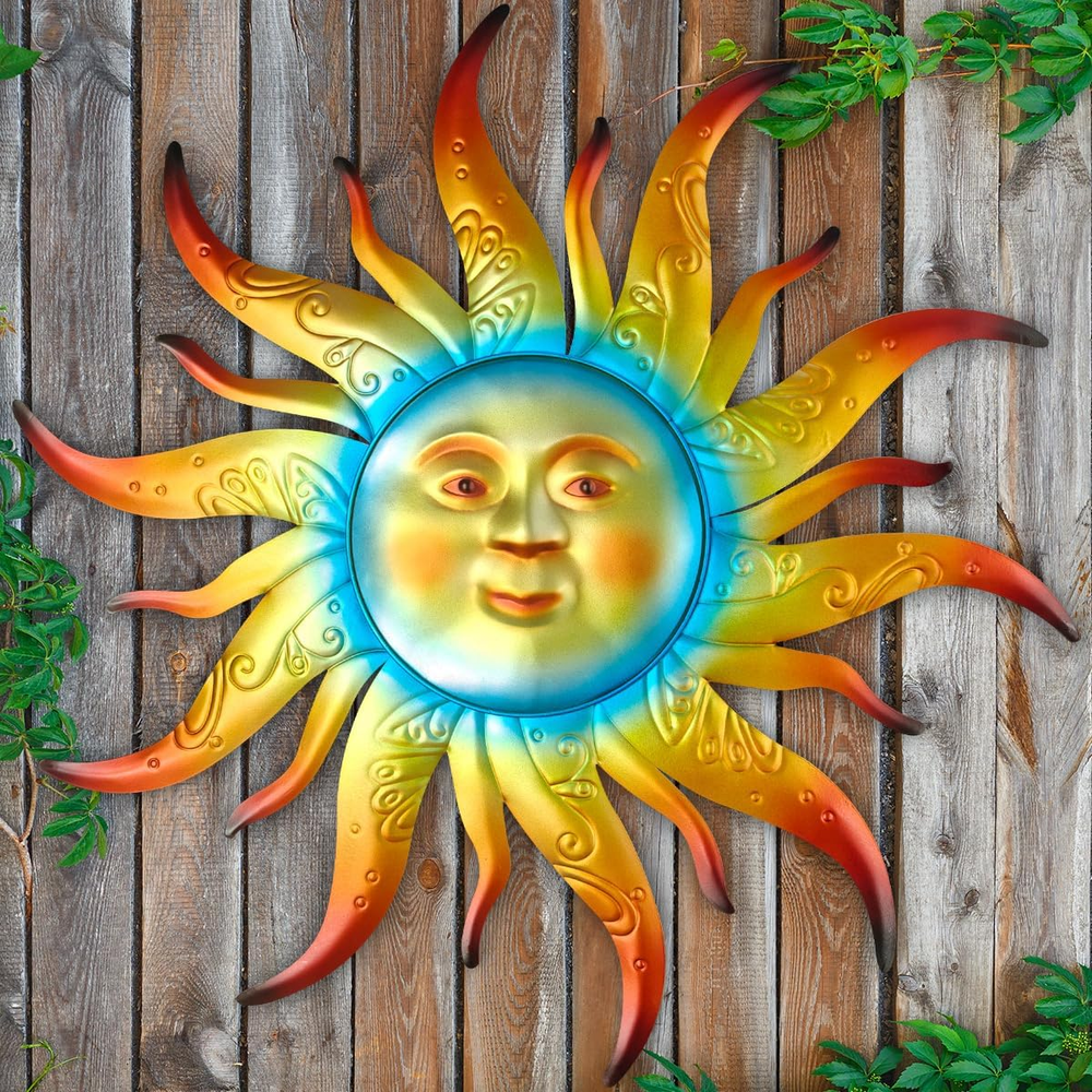 Large Metal Sun Wall Art Decor - 23.6 Inches Outdoor Wall Decor,Sun Face Sculptu