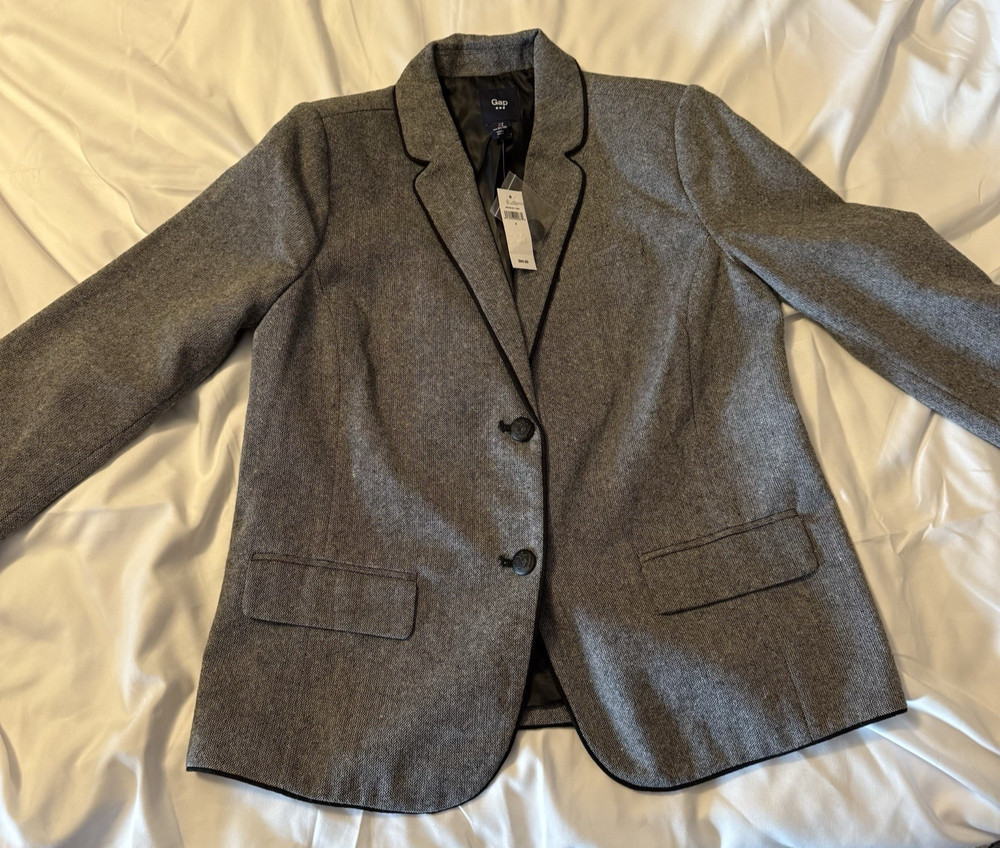 Gap Heather Gray/Black Tweed The Academy Blazer Jacket Wool Blend Lined Sz 8