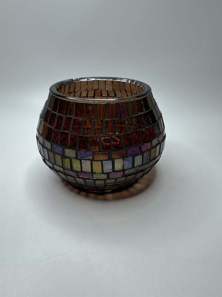 Glass Mosaic Brown Rainbow Haze Candle Holder Home Decor 3.5