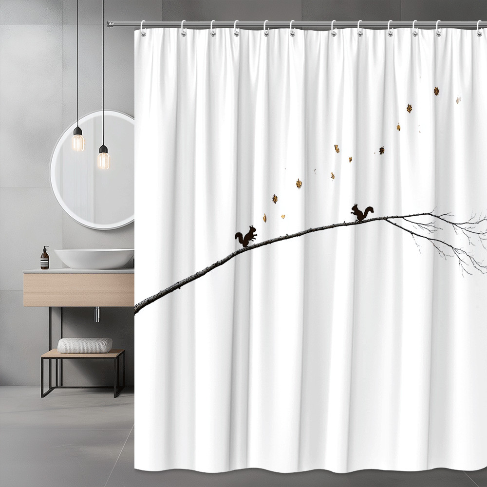Squirrel Branch Shower Curtain Autumn Leaves Graphic