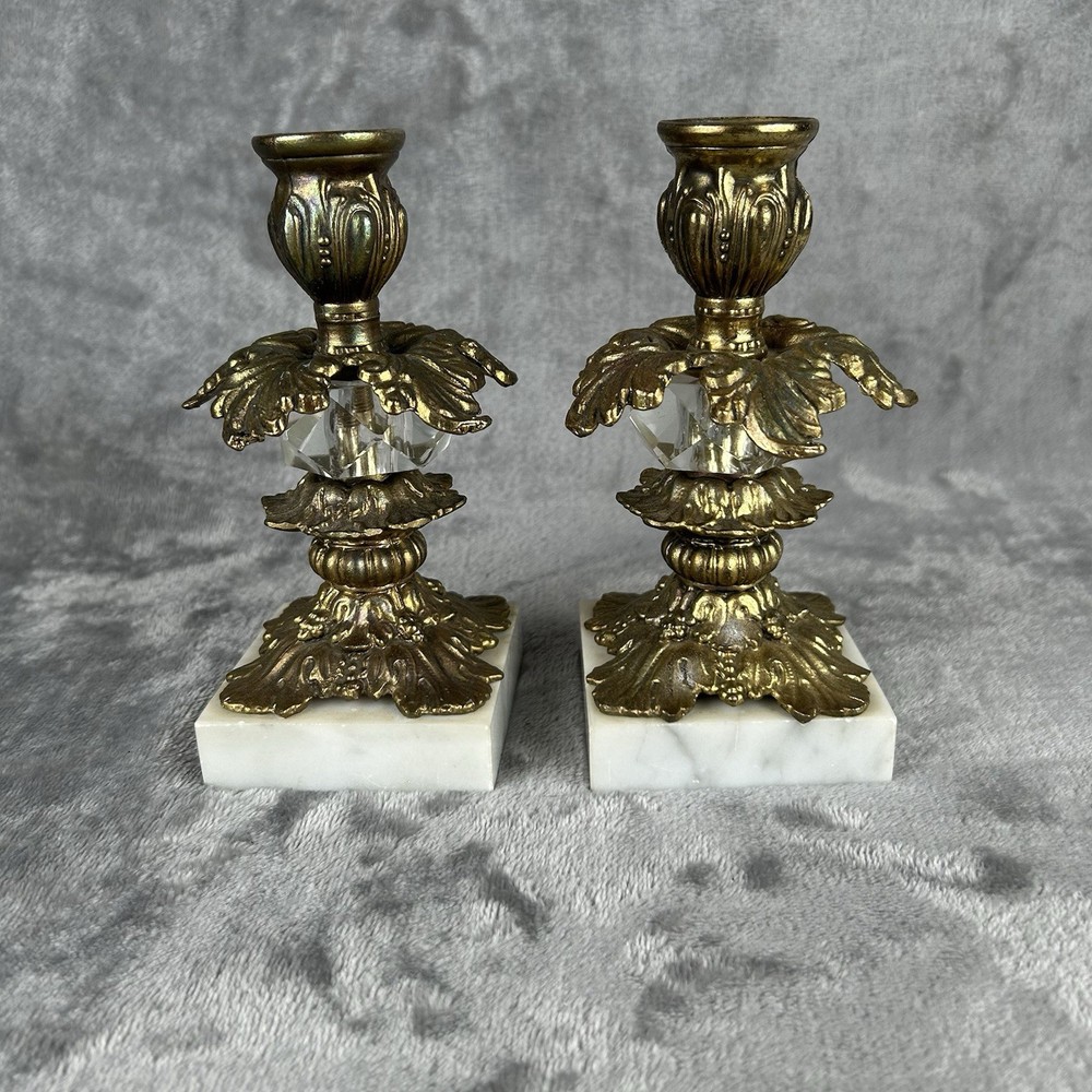 Vintage Hollywood Regency Brass & Marble Candle Stick Holders Ornate Pair Set 2