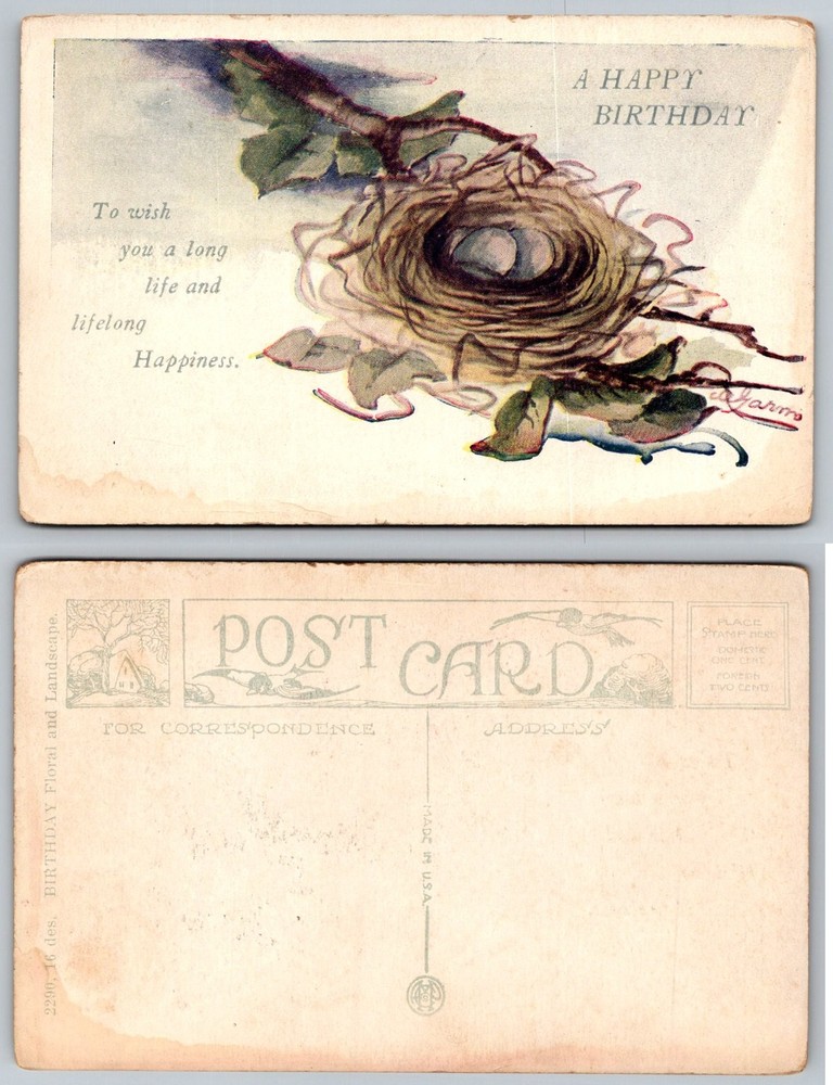 Vintage A Happy Birthday Postcard Bird Nest Eggs E. Harm Floral Nature Early