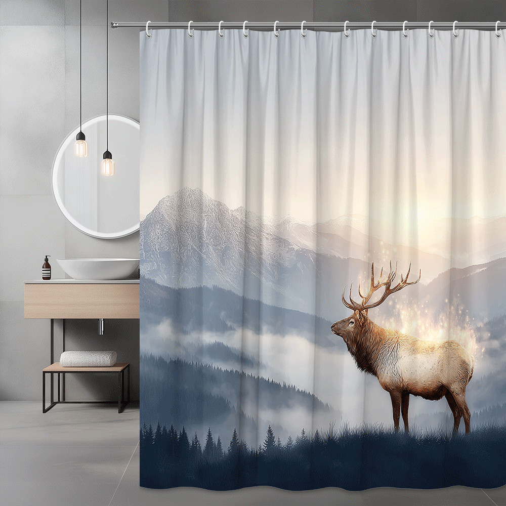 Deer Mountain Sunrise Shower Curtain Forest Landscape Print