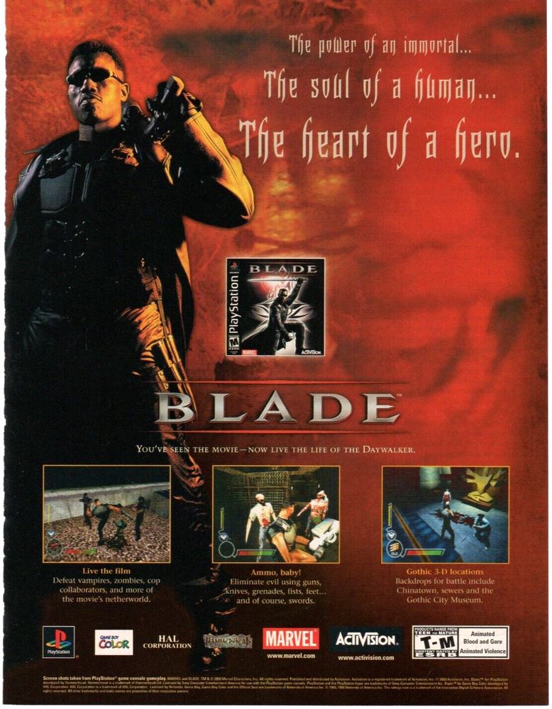 2000 Blade PS1 GBC Marvel Wesley Snipes Vampire Game Print Ad Art