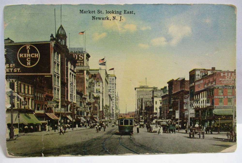 1916 Postcard Market St Looking East Newark Nj, Stores, Trolley, Wagons