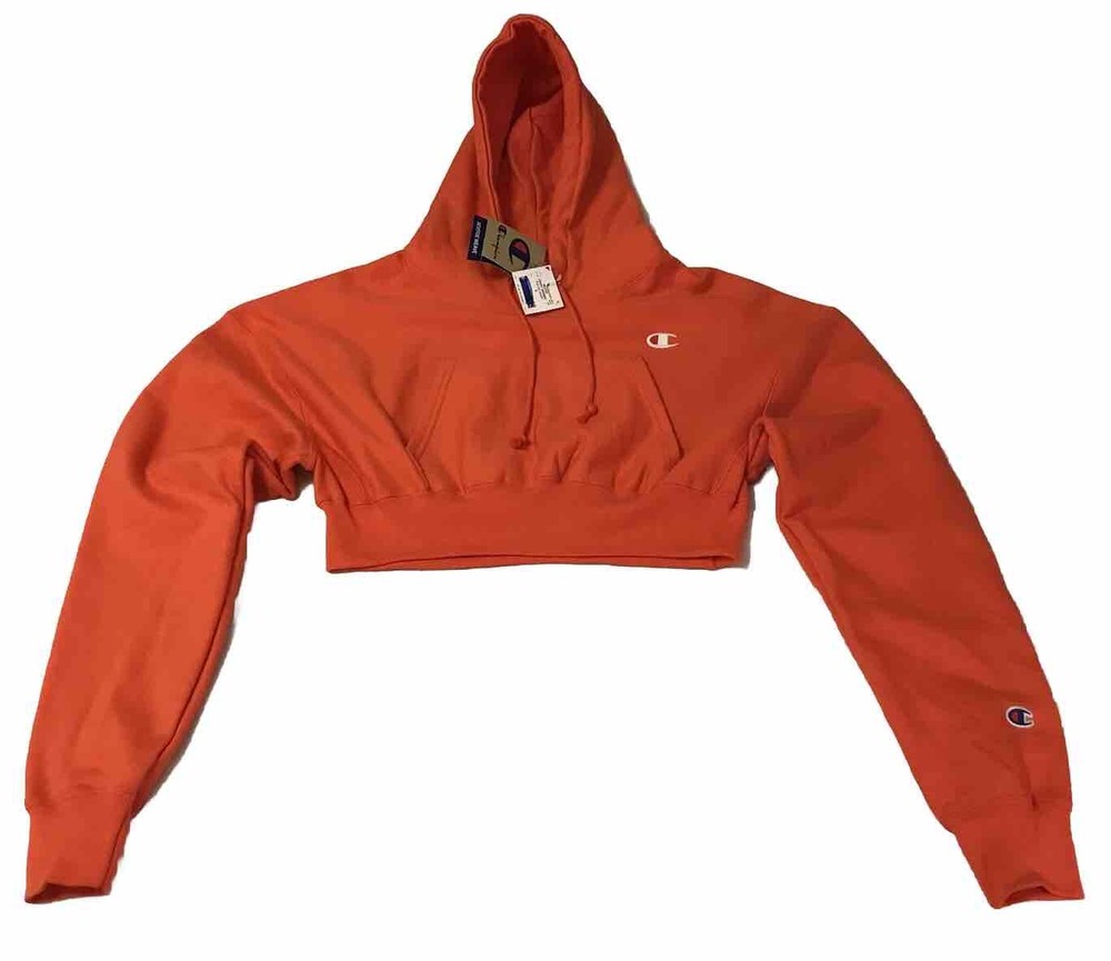 Champion Reverse Weave Hooded Crop Sweatshirt NEW Women Small Oversized Orange