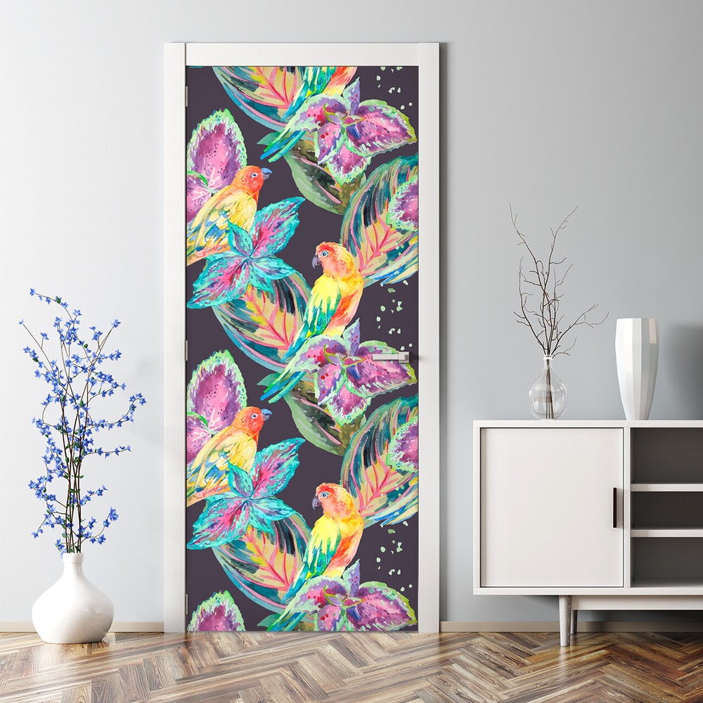 Colorful green and purple watercolor parrot door decal self-adhesive