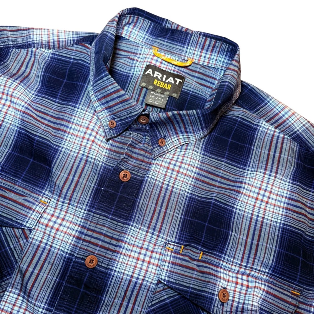 Ariat Rebar Mens XXL Made Tough DuraStretch Work Shirt Blue Plaid Short Sleeve