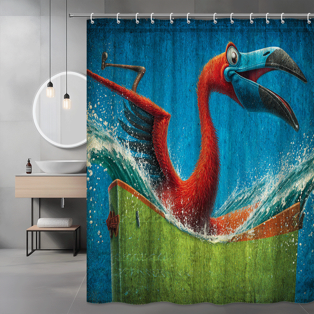 Cartoon Bird in Tub Shower Curtain Blue Ocean Print