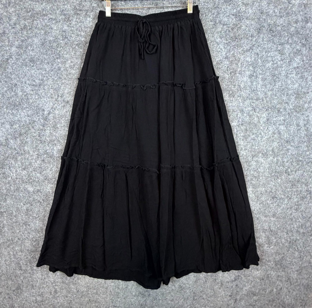 Final Touch Tiered Maxi Skirt Womens Large Black Rayon Drawstring Waist Casual