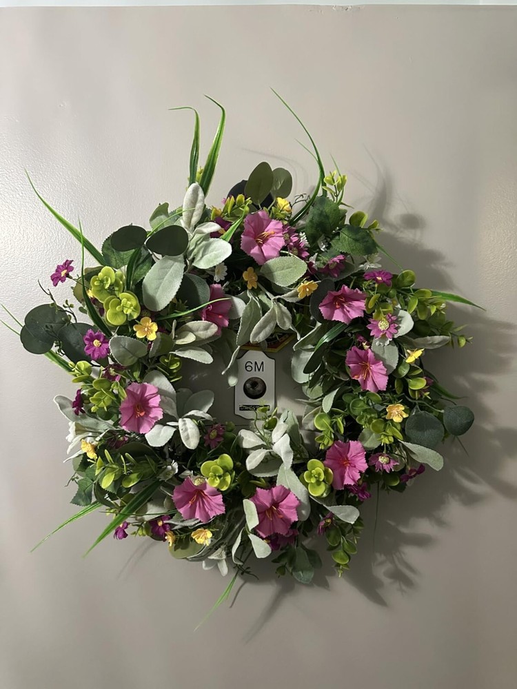 Spring Summer Floral Wreath for Front Door with Pansy Flowers and Lamb Leaves  