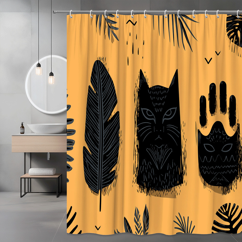 Black Cat Boho Shower Curtain, Orange Tropical Leaf Print