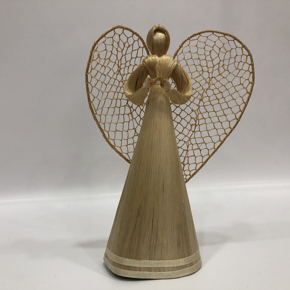 Vintage Corn Fiber Angel Statue 9.5 Inch Tall 6 Inch Wide Handcrafted Detailed Female Figure
