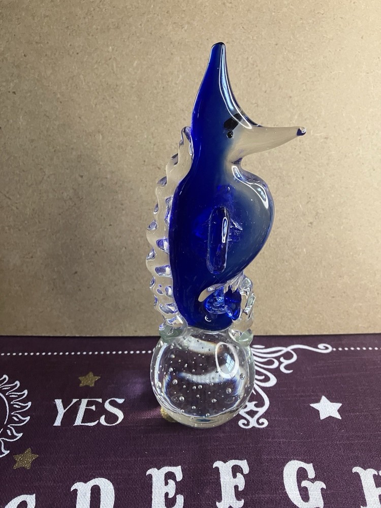Blown Glass Cobalt Blue & Clear Seahorse Paperweight
