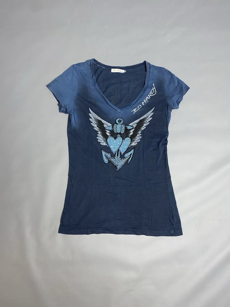 Ed Hardy Women’s Navy Blue T-Shirt Anchor Hearts Wings Graphic Rhinestone Sz L