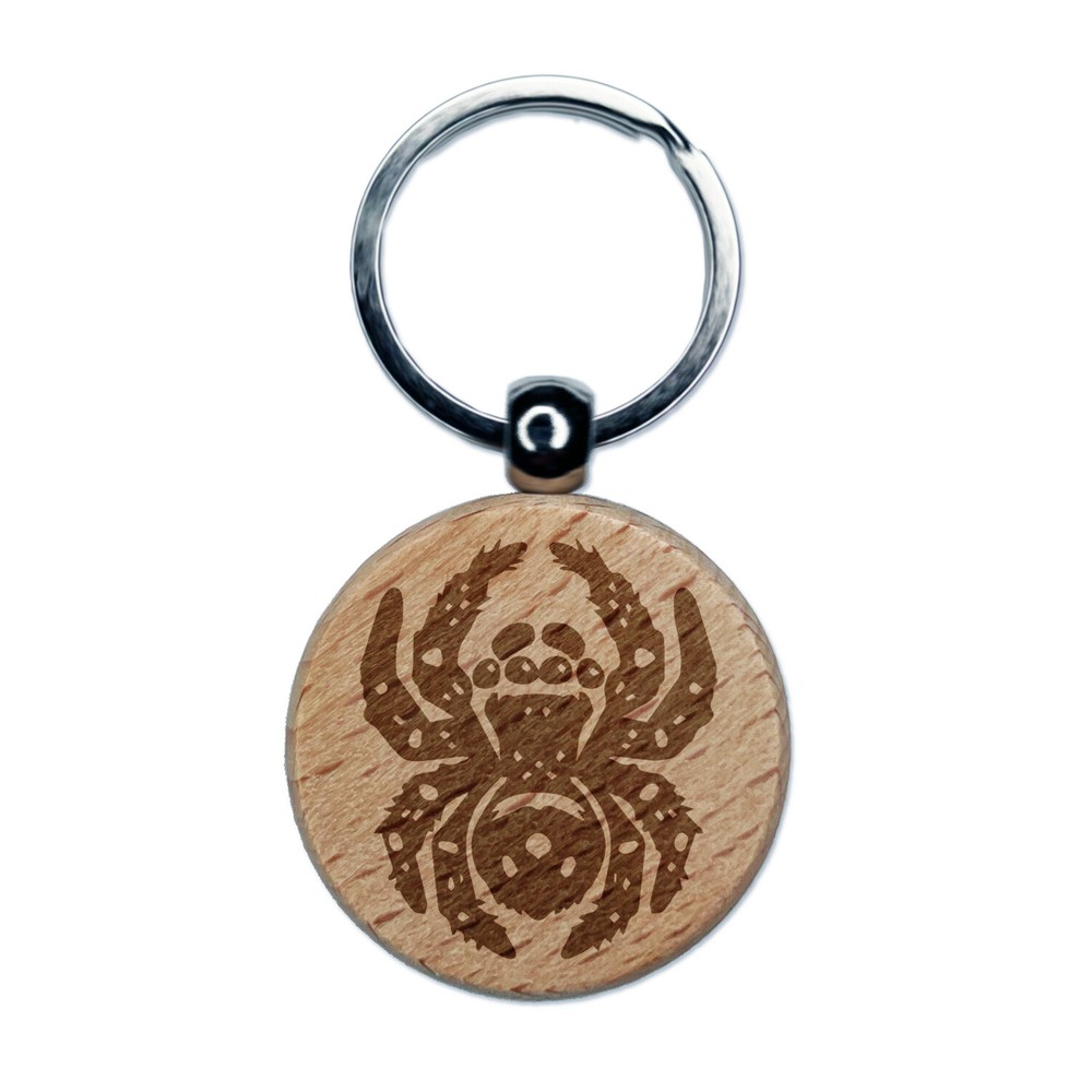 Fuzzy Jumping Spider Wooden Keychain Charm with Engraved Detail