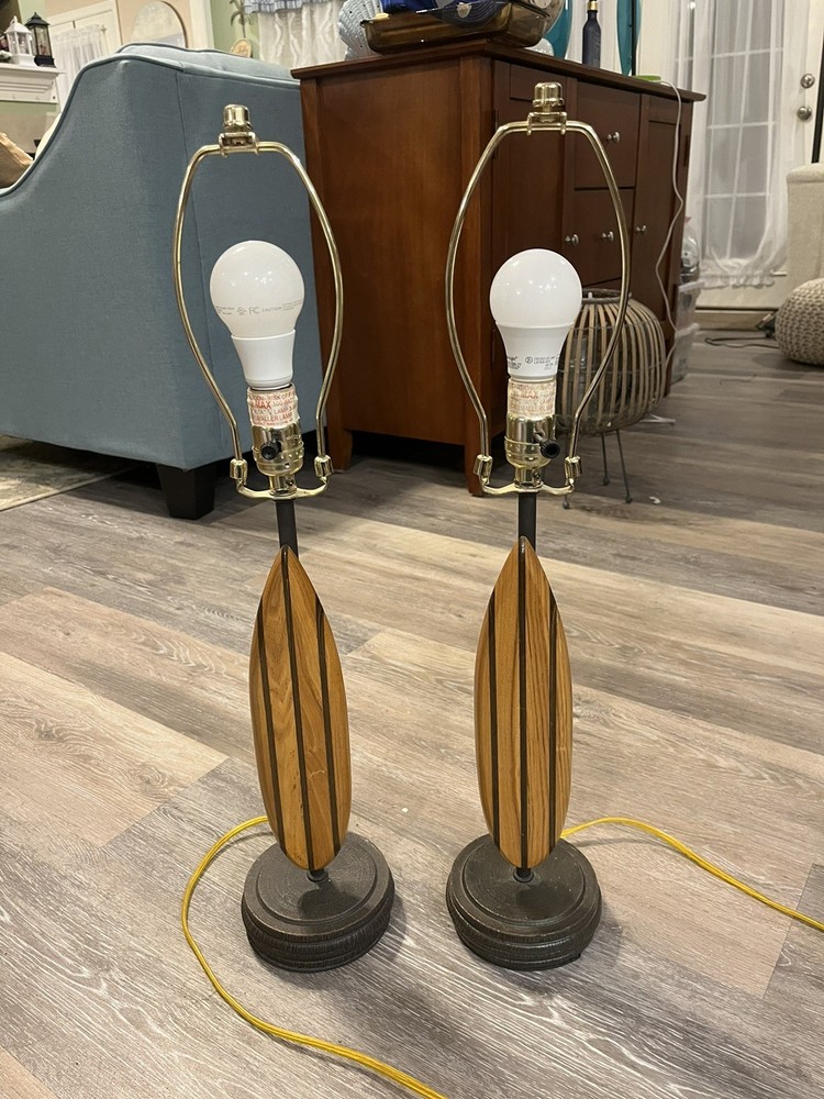 Pacific Coast Lighting Surfboard Table Lamps Pair Mid Century Modern MCM Wood 03