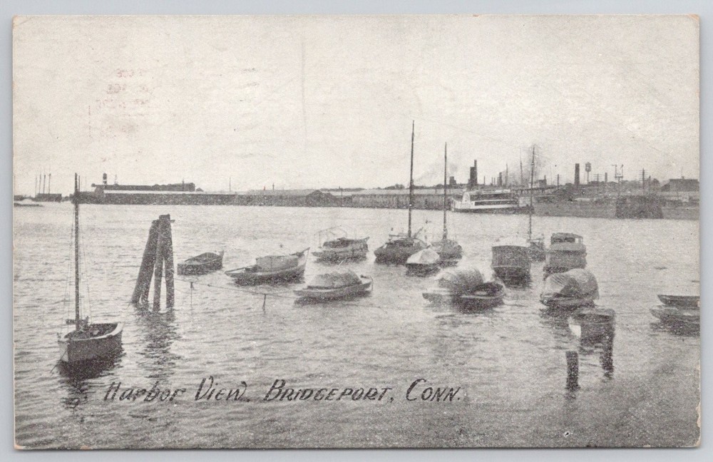 1908 Bridgeport CT Harbor View Real Photo Postcard Boats Industrial
