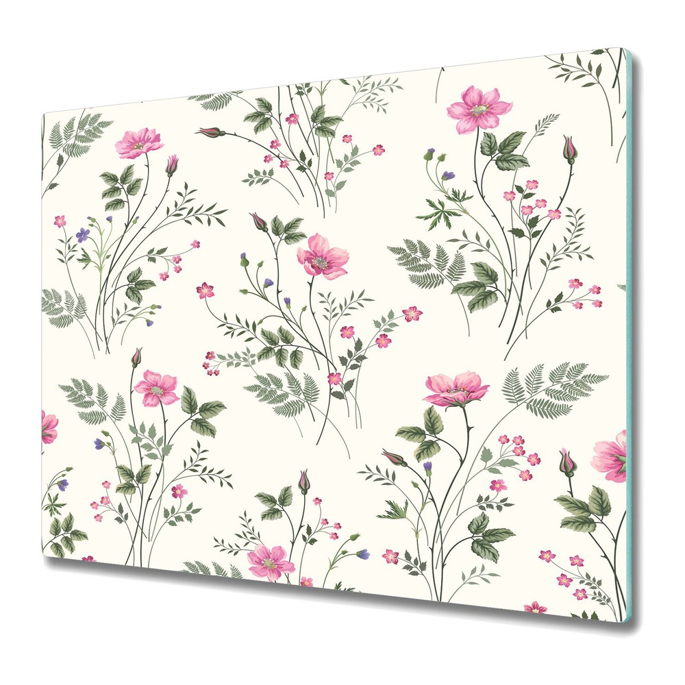 Glass Worktop Kitchen Chopping Board Pink Field Flowers Light Floral Drawing