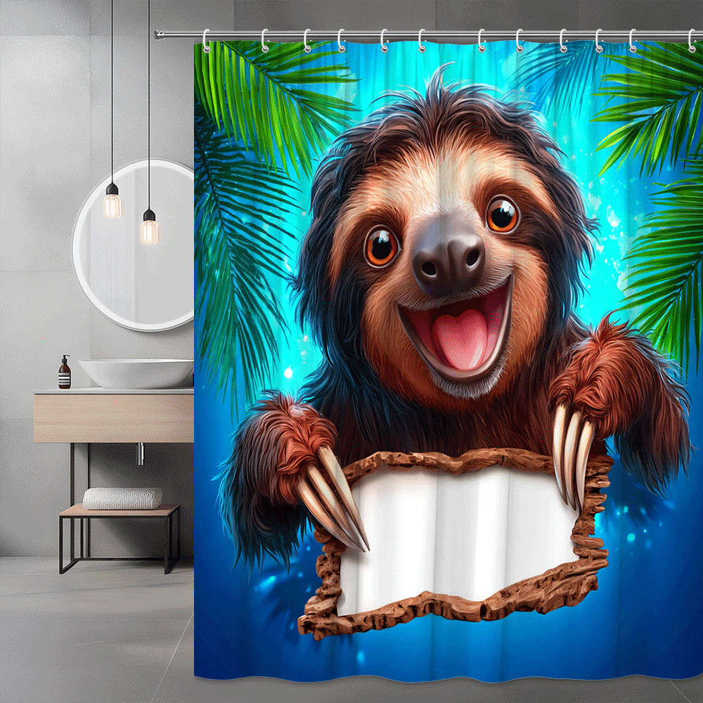 Cute Sloth Shower Curtain Tropical Palm Leaves Blue