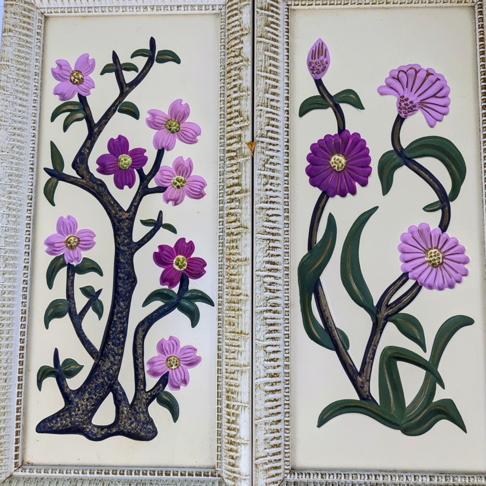 Vintage Seasons Floral Wall Art Pair Hand Colored Plastic MCM Decor Groovy Boho