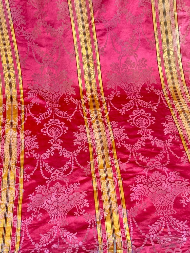 112x36 19th century French raspberry silk damask curtain gold black striped str