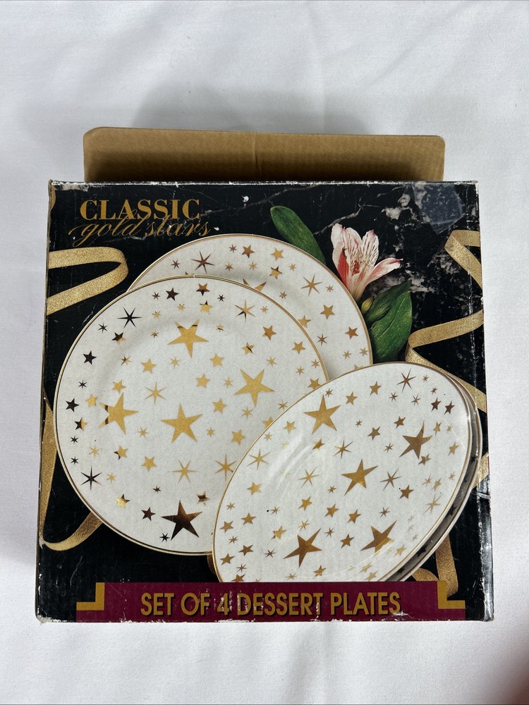 VTG 1997 Sakura Classic Gold Stars Dessert Plates Set of 4 White Porcelain 7.5