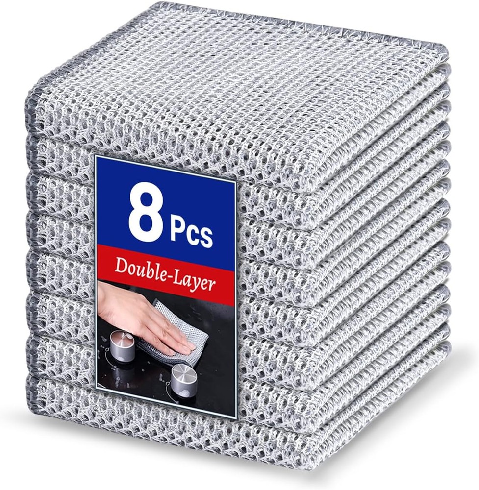 8 pcs Wire Dishwashing Rag for Wet 7.87x7.87-8pcs, 8pcs Double Layer Silver