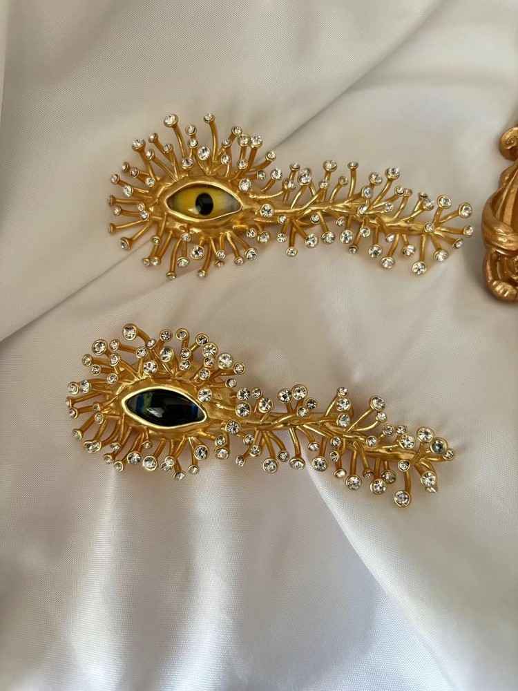Schiaparelli Devil's Eye Long Golden Brooch Pin WITH BOX
