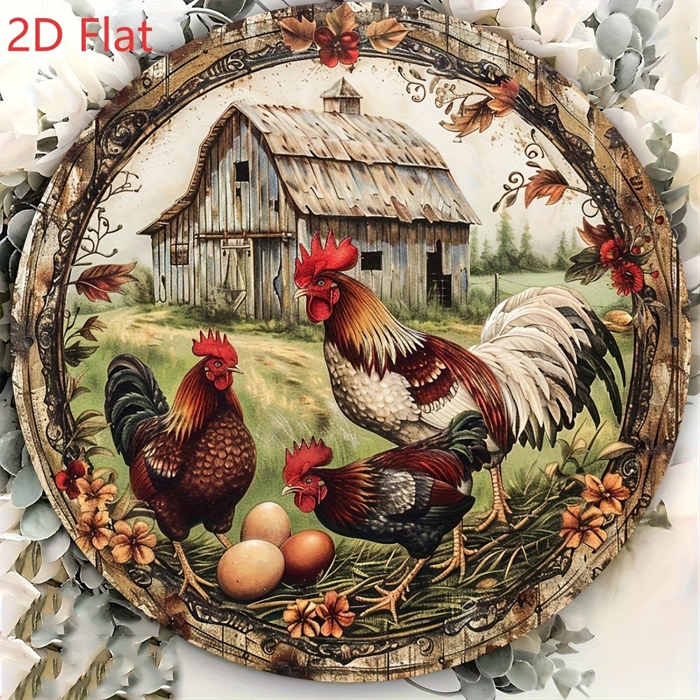 Tin Metal Sign Farmhouse Chicken Round Aluminum Wall Art 8x8