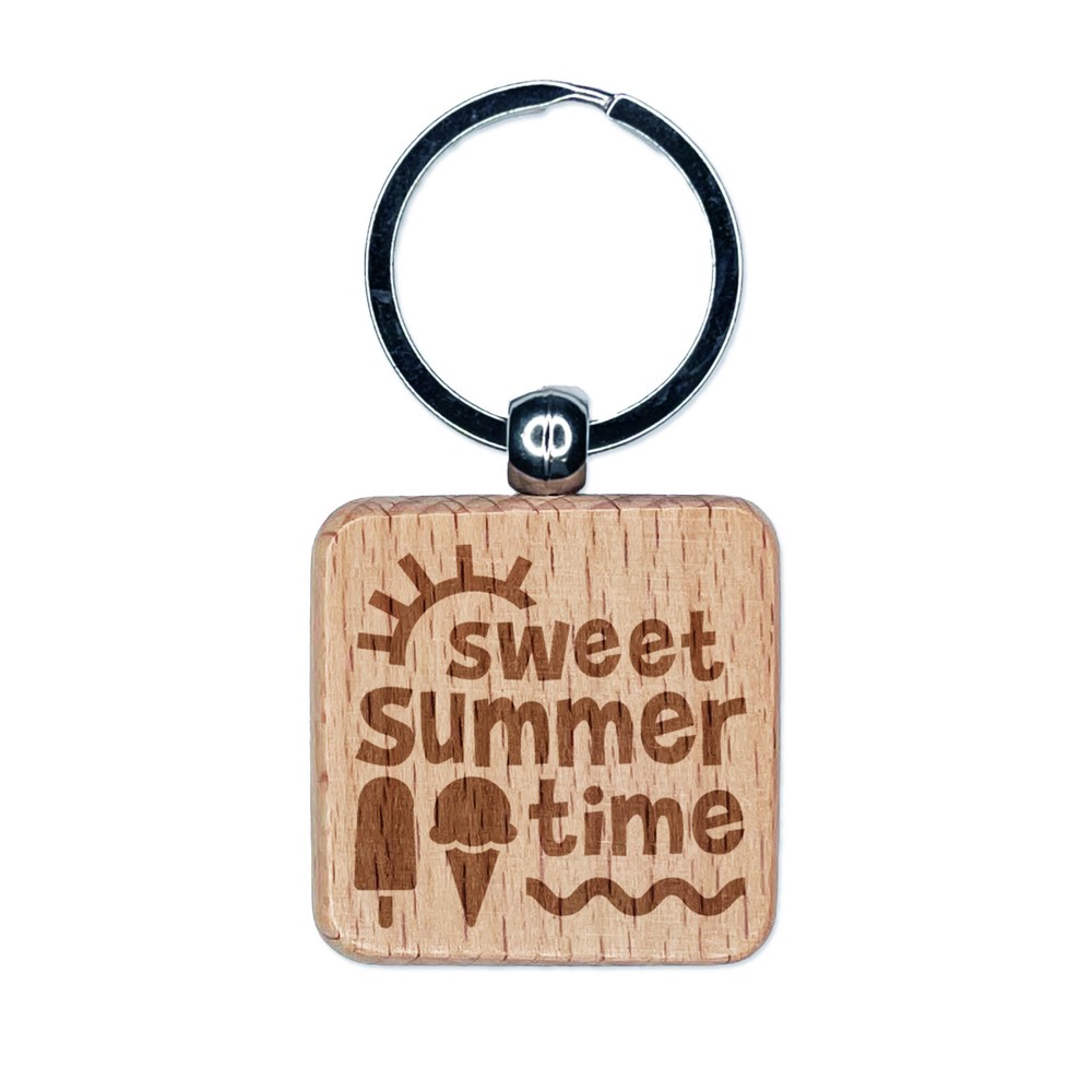 Sweet Summer Time Engraved Wood Square Keychain Tag Charm