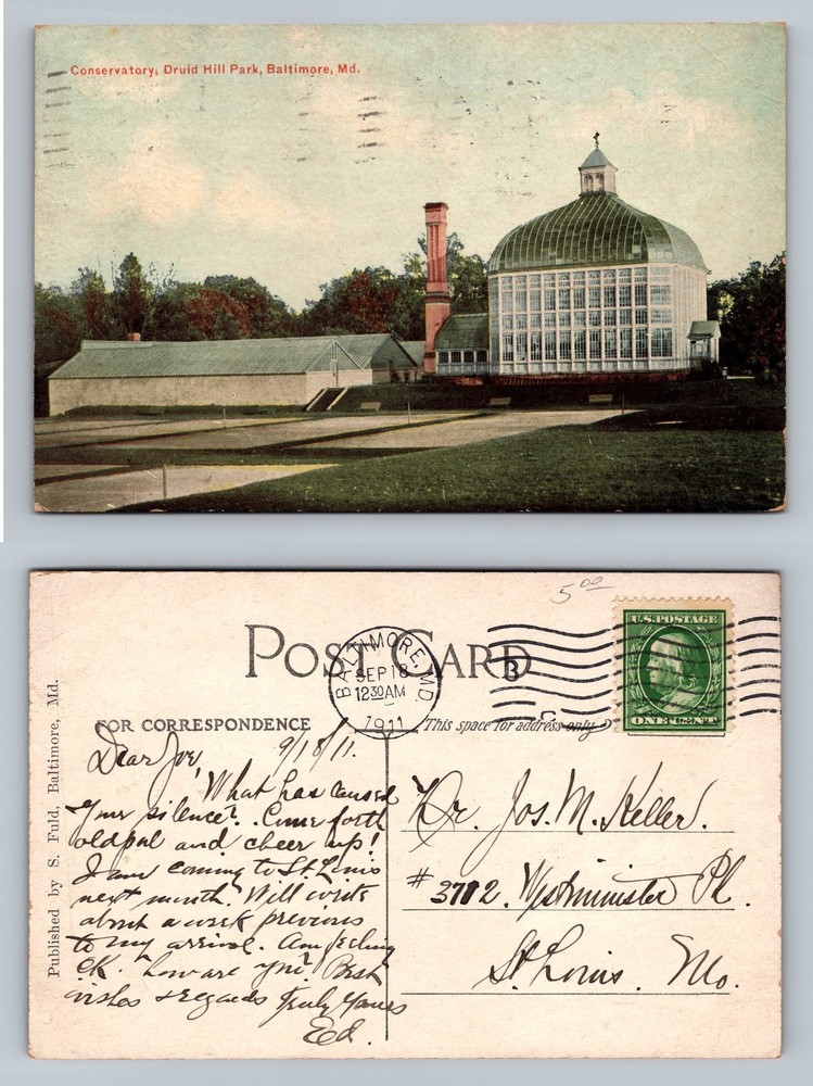Baltimore, MD-Maryland, Druid Hill Park Conservatory c1911 Vintage Postcard