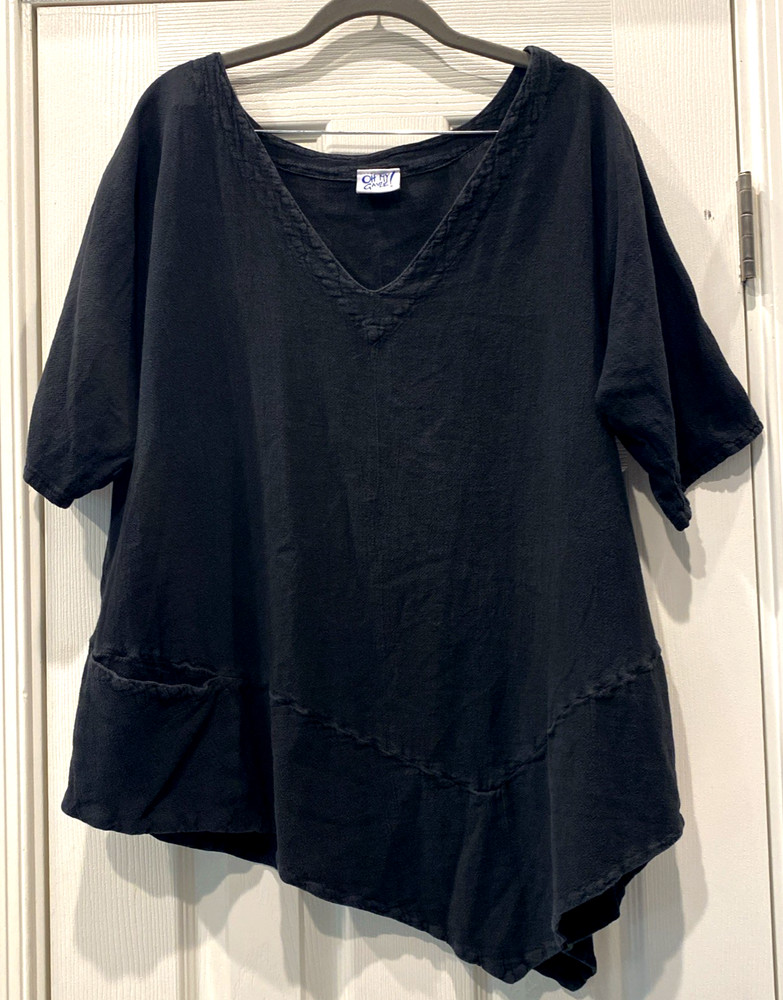 Womens Oh My Gauze Bayou V-Neck Tunic Top Sz 2 M/L Cotton Lagenlook Boho Black